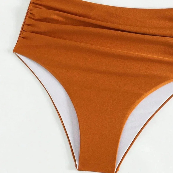 Orange Elegant Women's Beach One Shoulder Ruched Bikini Set - Picture 6 of 6